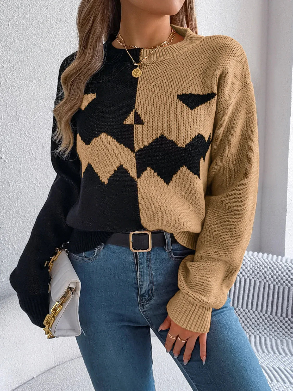 Spooky Chic Split Color Block Pumpkin Sweater - WEUXS