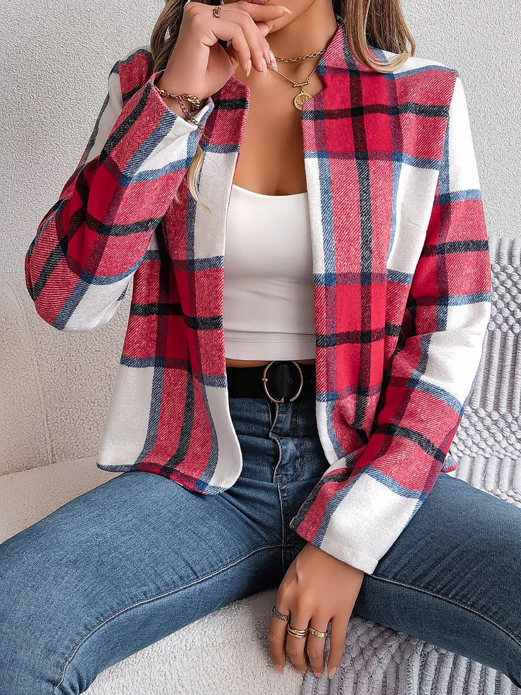 Chic Navy Blue Plaid Cropped Jacket - WEUXS