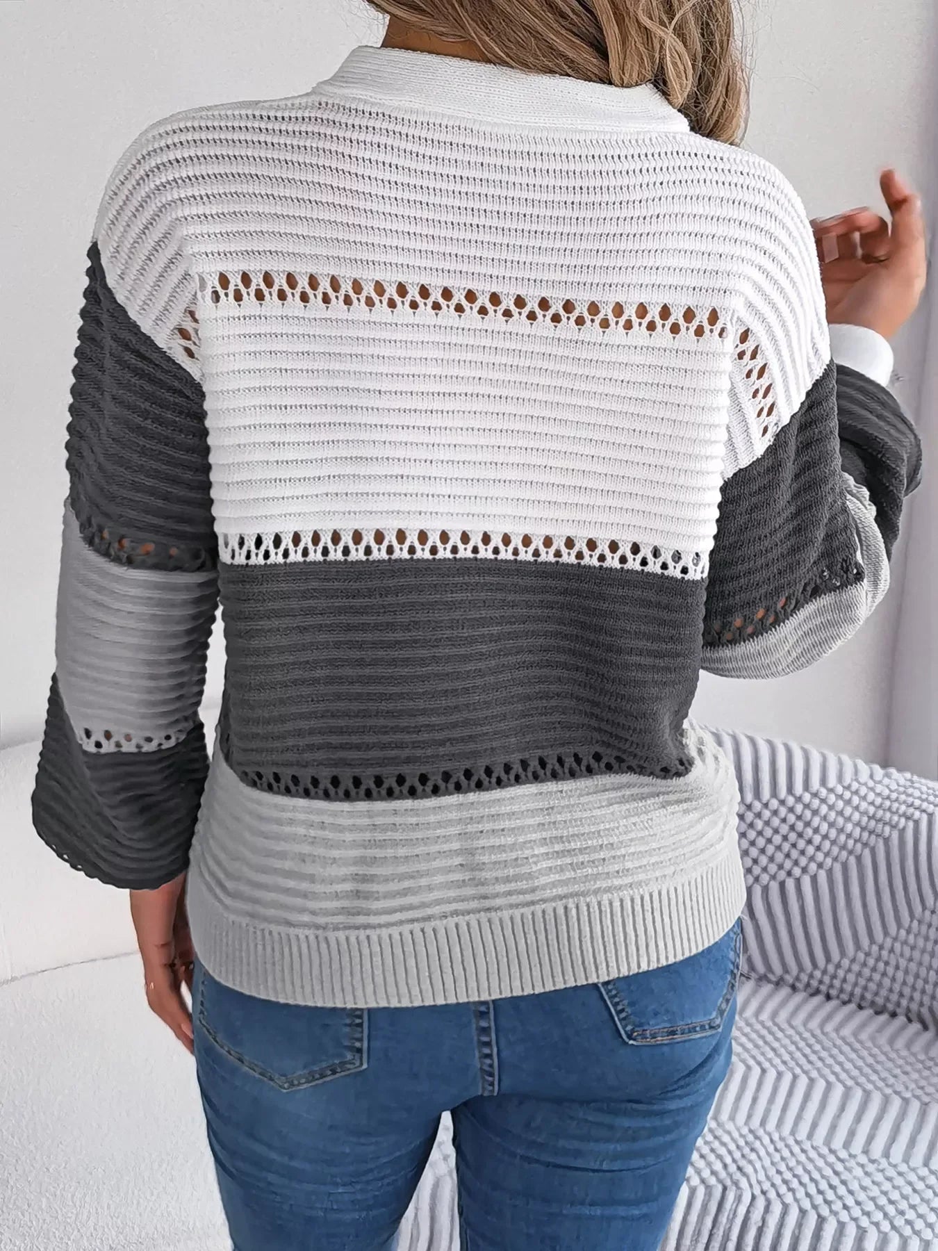Color block knit henley sweater - View 8 | WEUXS