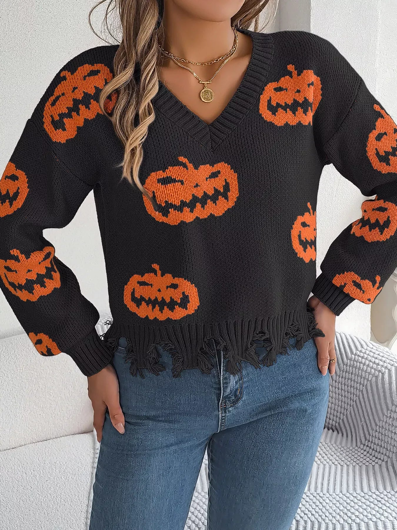 Edgy Distressed Pumpkin Knit Sweater - WEUXS