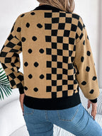 Gray polka dot and checkerboard knit sweater with crew neck and lantern sleeves. - View 15 | WEUXS