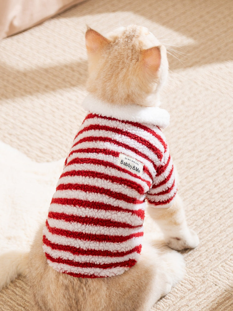 Cat wearing a red and white striped fleece pet jacket with a white collar.