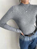 grey mock neck ribbed knit sweater - View 6 | WEUXS