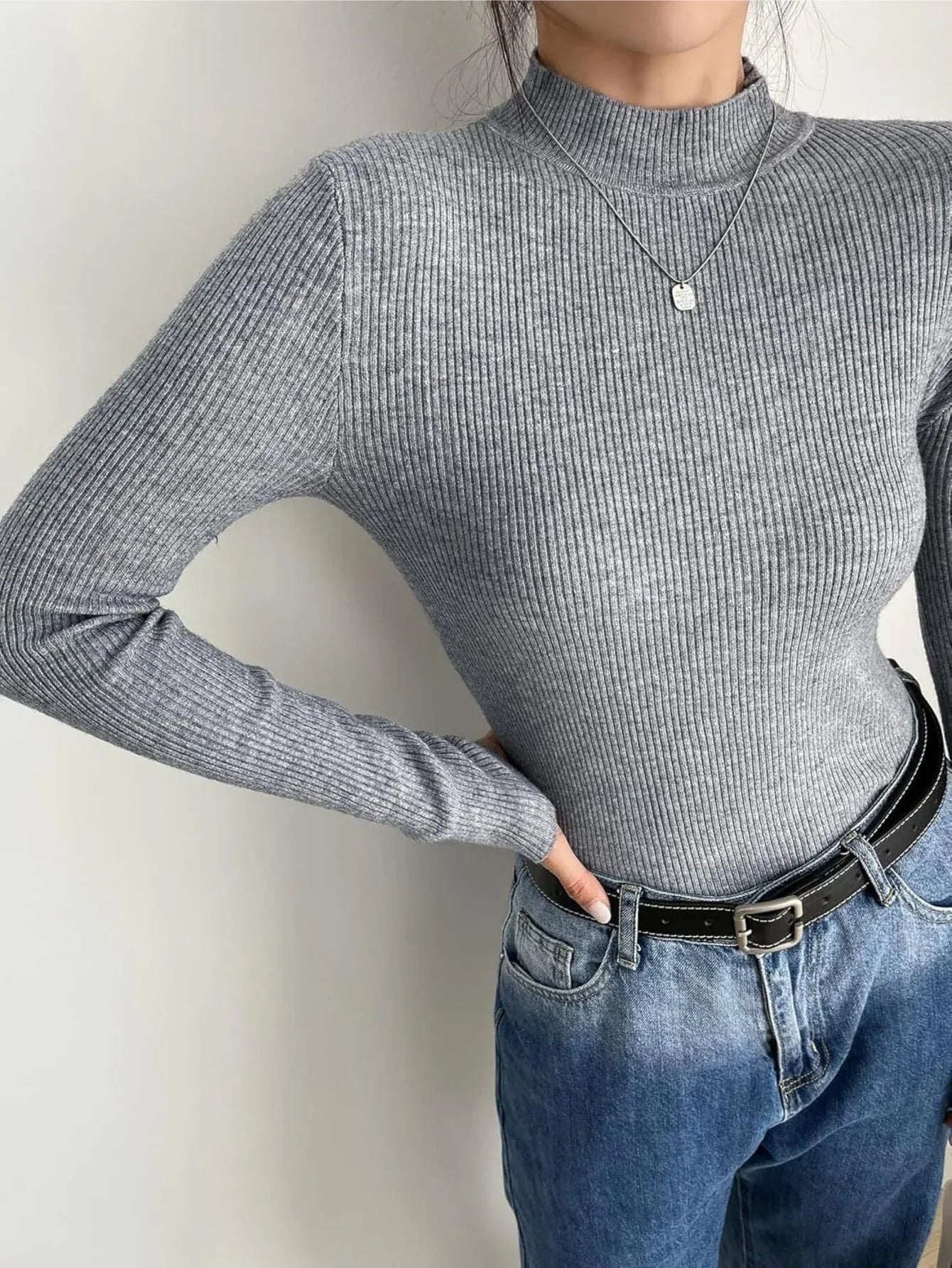 grey mock neck ribbed knit sweater - View 6 | WEUXS