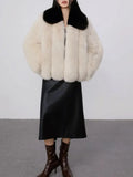 Cream faux fur jacket with black contrast collar - View 6 | WEUXS