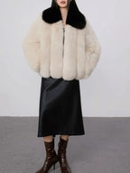 Cream faux fur jacket with black contrast collar - View 6 | WEUXS