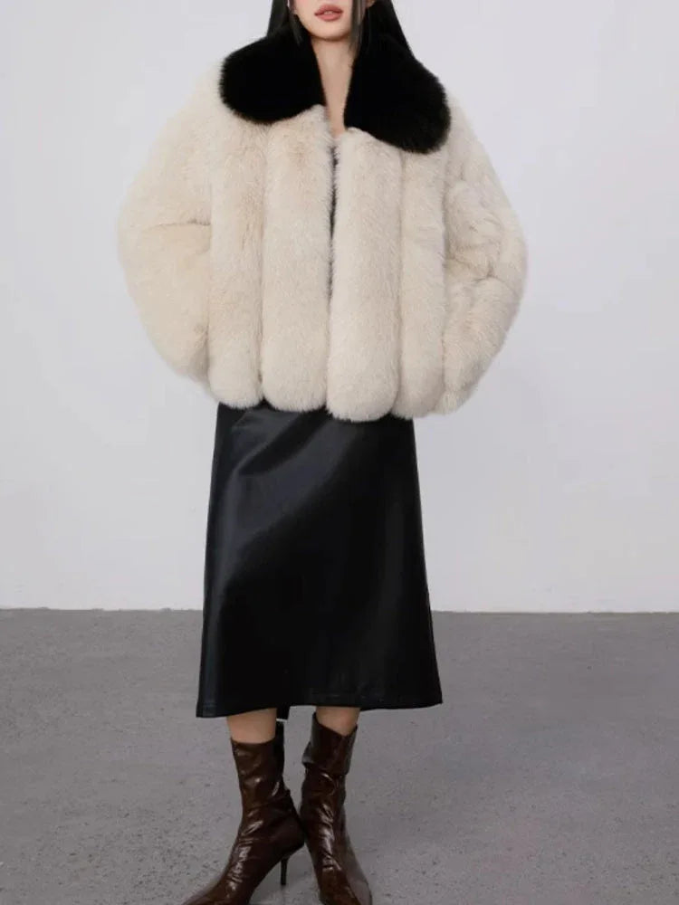 Cream faux fur jacket with black contrast collar - View 6 | WEUXS