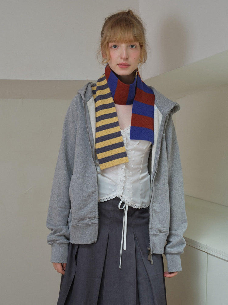 Model wearing a gray zip-up hoodie, a gray pleated skirt, and a multi-colored striped scarf.