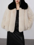 Close-up of contrast collar on faux fur jacket
