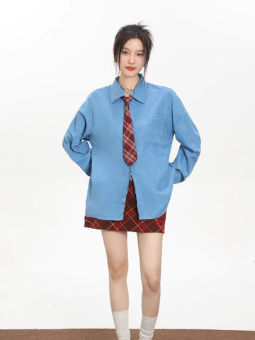 Oversized Plaid Tie Shirt Set