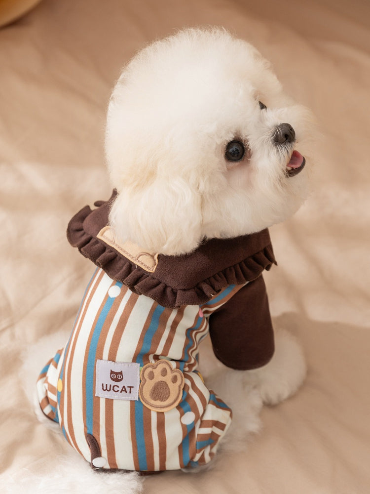 Small white dog wearing brown and beige striped pajamas with a ruffled collar.