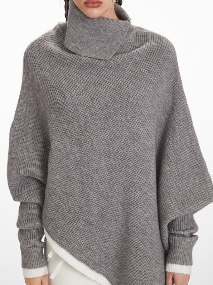 Asymmetric Mock Neck Sweater in Flower Gray - View 6 | WEUXS