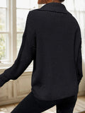 Back view of a woman wearing a black knit half-zip sweater with long sleeves.