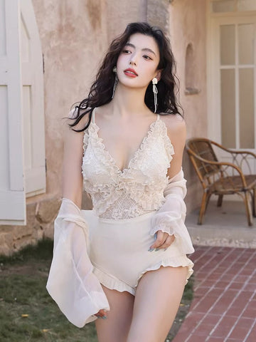 White Lace One-Piece Swimsuit with Cover Up Set