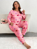 Plus Size Pink Heart Print Jogger Pajama Set - View 14 | WEUXS