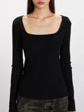 Ribbed Square Neck Long Sleeve Top - WEUXS