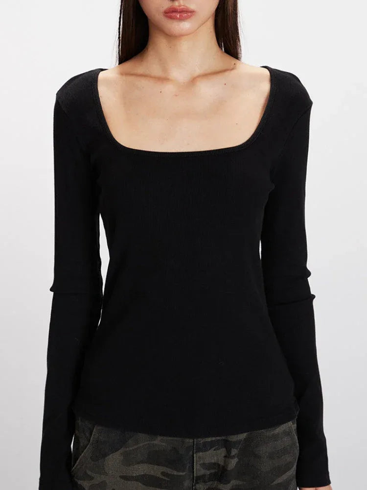 Ribbed Square Neck Long Sleeve Top - WEUXS
