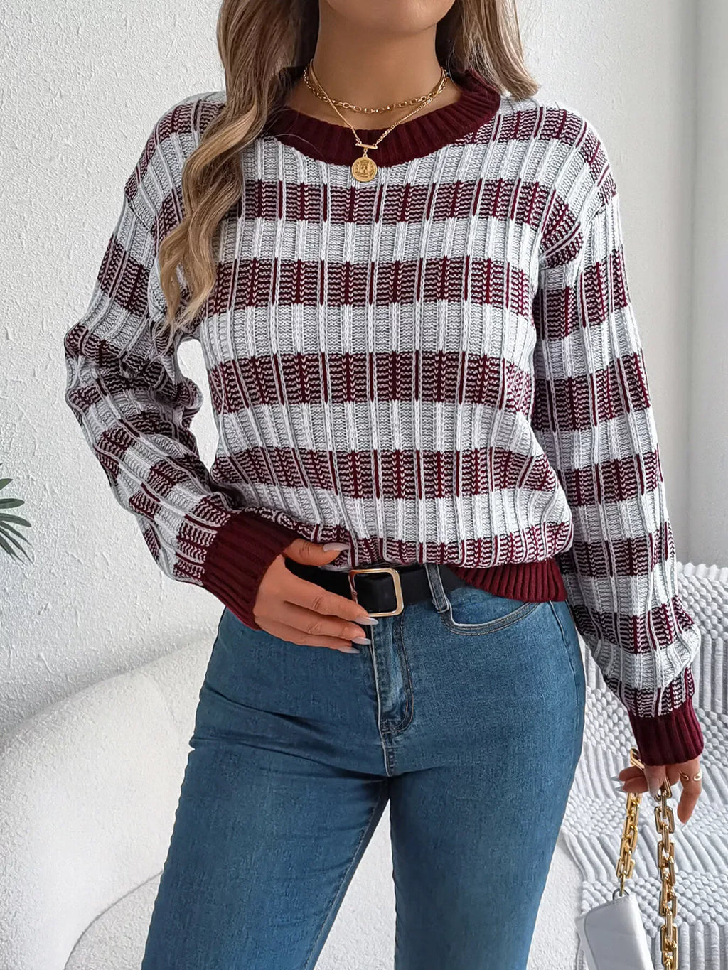 Vintage Lantern Sleeve Knit Sweater - Burgundy - WEUXS