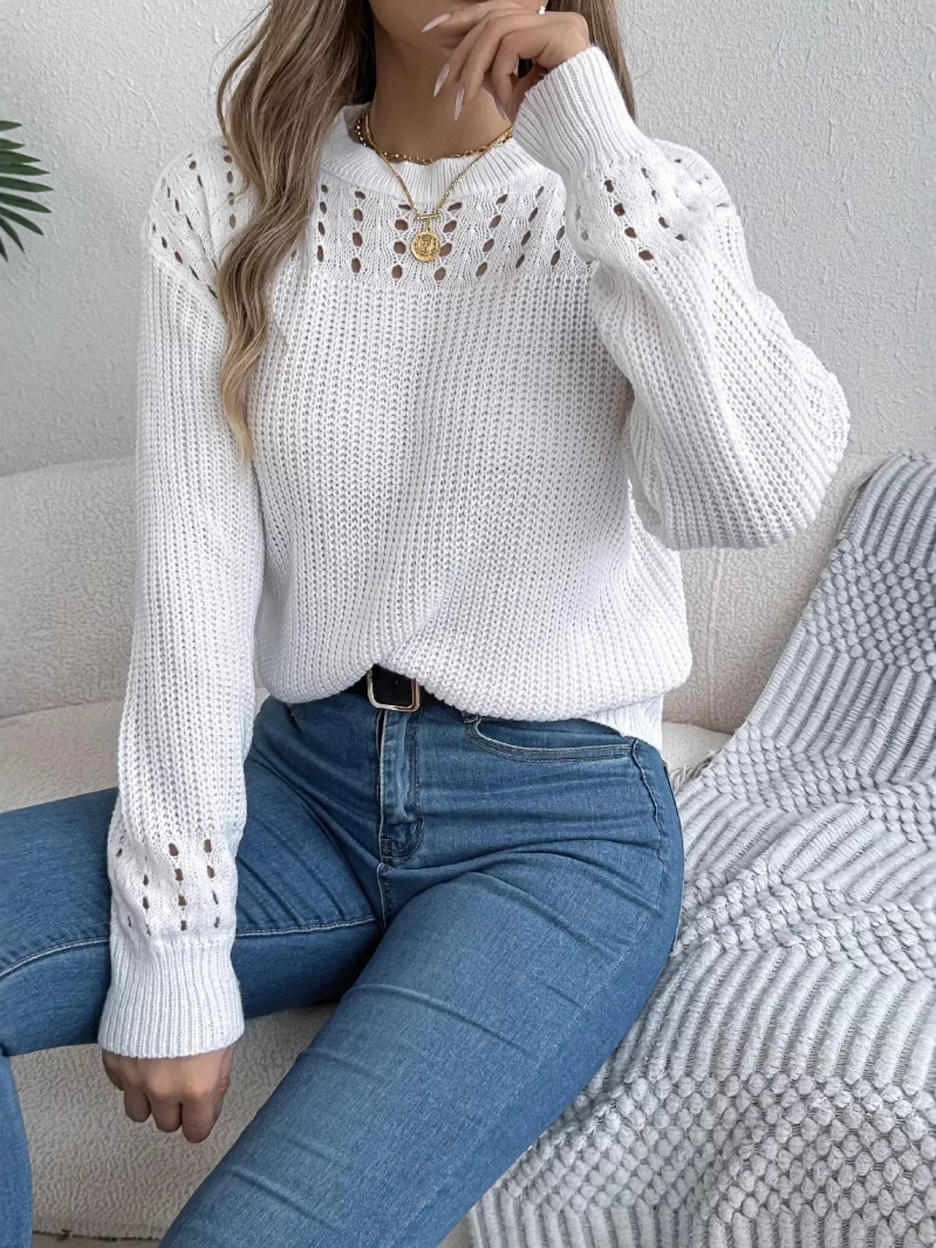 Burgundy Pointelle Knit Crew Neck Sweater with Lantern Sleeves - View 11 | WEUXS