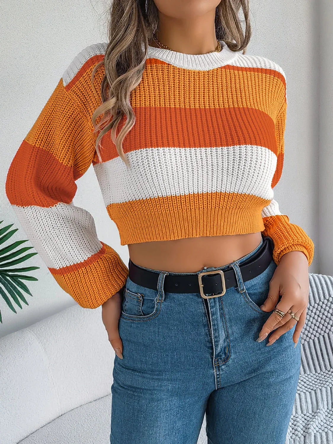Sunset Boulevard Color Block Knit Crop Sweater - WEUXS