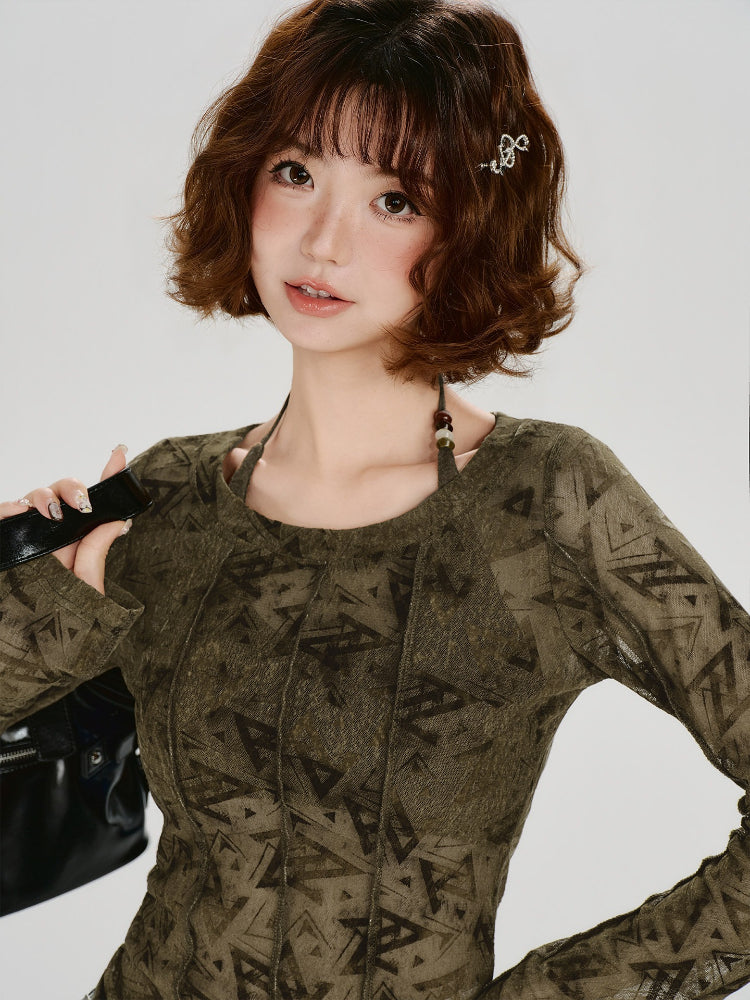 Back view of a woman wearing the olive green geometric print mesh top with a halter neckline detail.