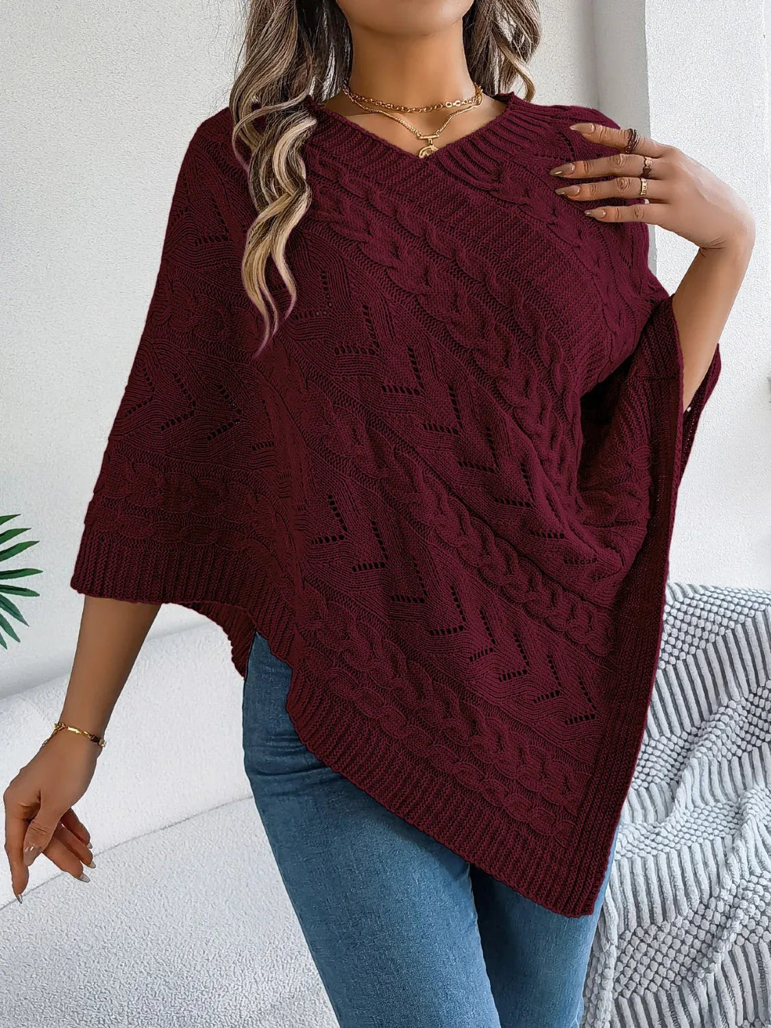 Cable Knit V-Neck Poncho Sweater - View 14 | WEUXS
