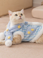 A cat wearing a blue and white striped pet vest with yellow star details and a scarf.