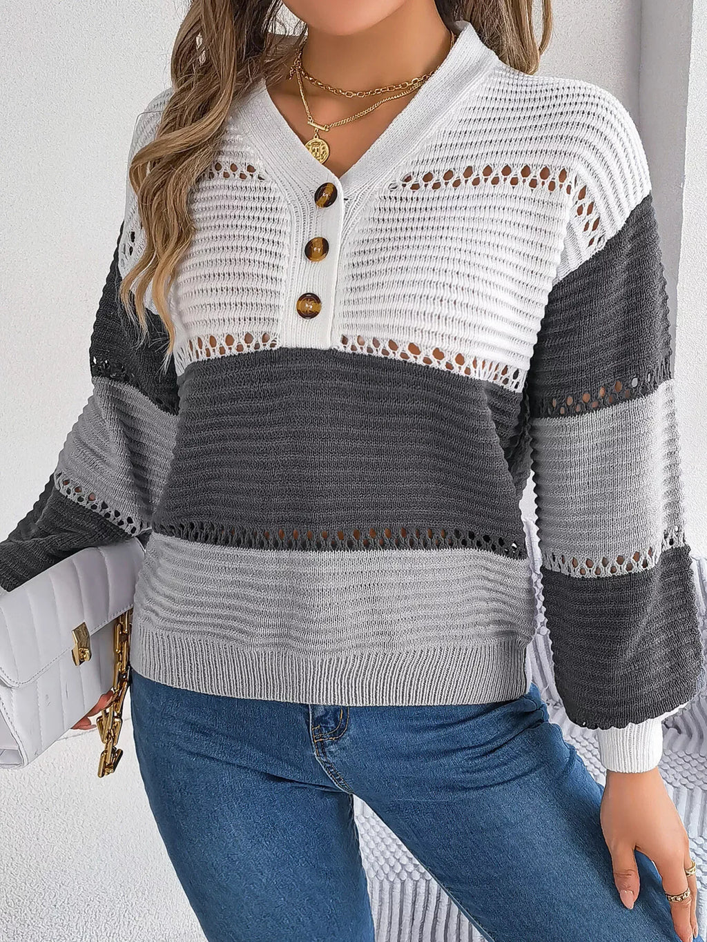 Color block knit henley sweater - View 7 | WEUXS