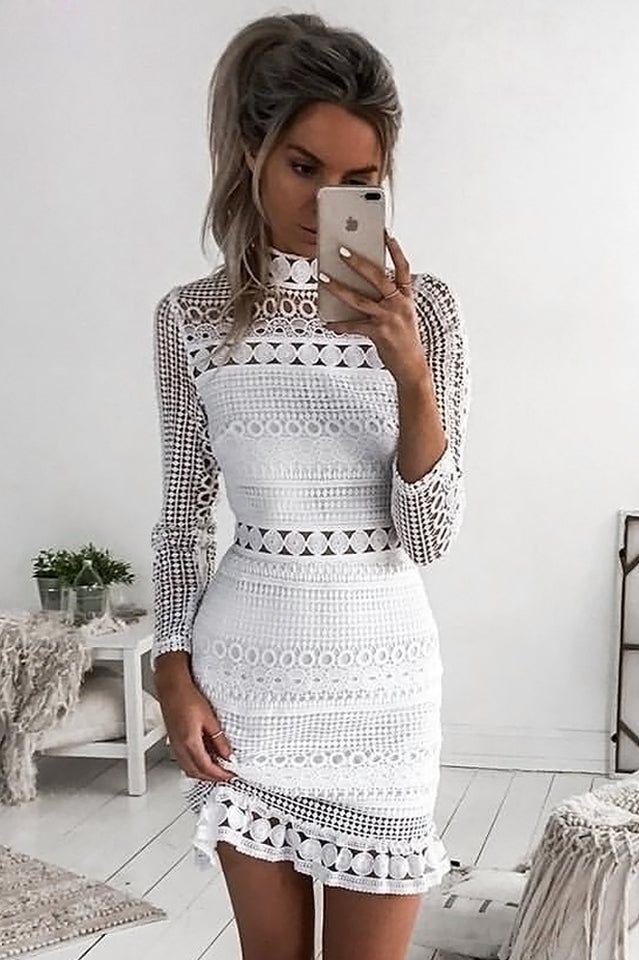 High Neck Short Tight White Lace Dress - Dress In Beauty