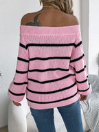 White Striped Off-Shoulder Knit Sweater - WEUXS