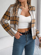 Chic Navy Blue Plaid Cropped Jacket - WEUXS