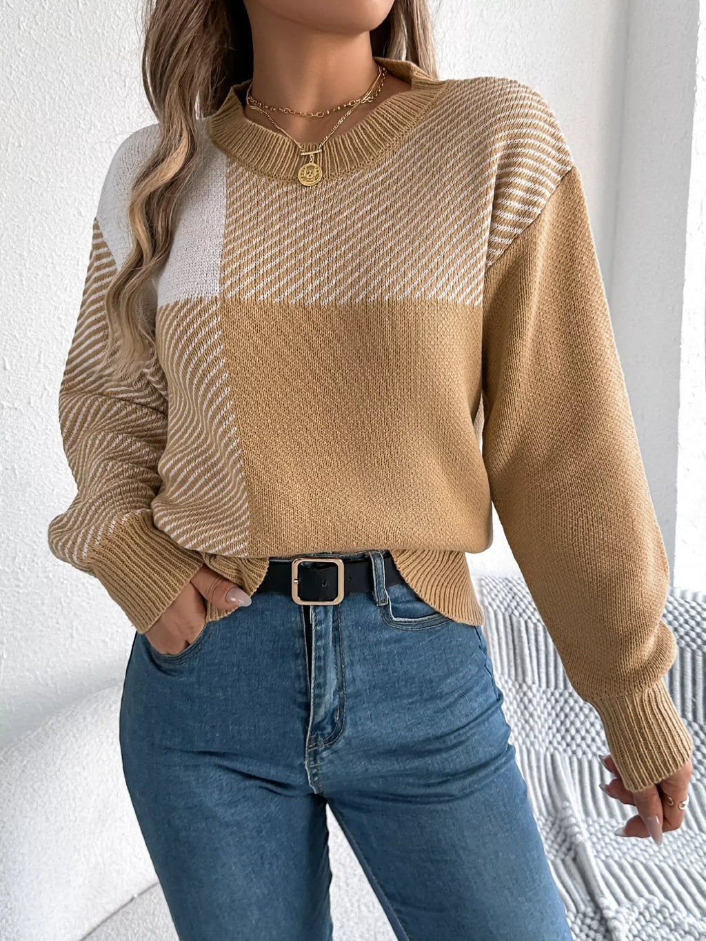 Modern Geometric Khaki Knit Sweater - WEUXS