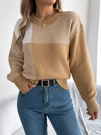 Modern Geometric Khaki Knit Sweater - WEUXS