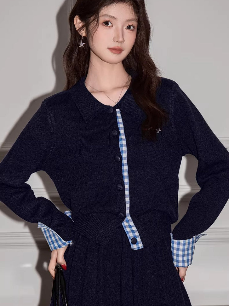 Navy blue preppy knit set with collared top and pleated skirt - View 6 | WEUXS