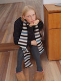 Casual outfit featuring striped knitted scarf and knee-high socks