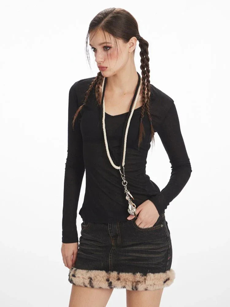 Denim long sleeve top with faux fur trim - View 6 | WEUXS