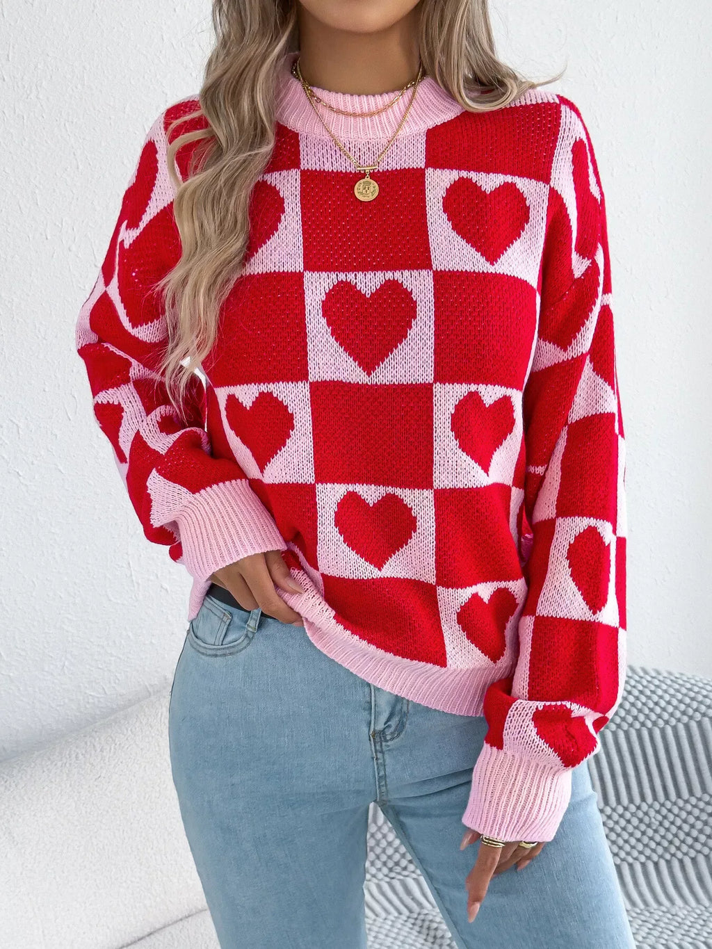 Romantic Red & Black Heart Checkerboard Sweater - WEUXS