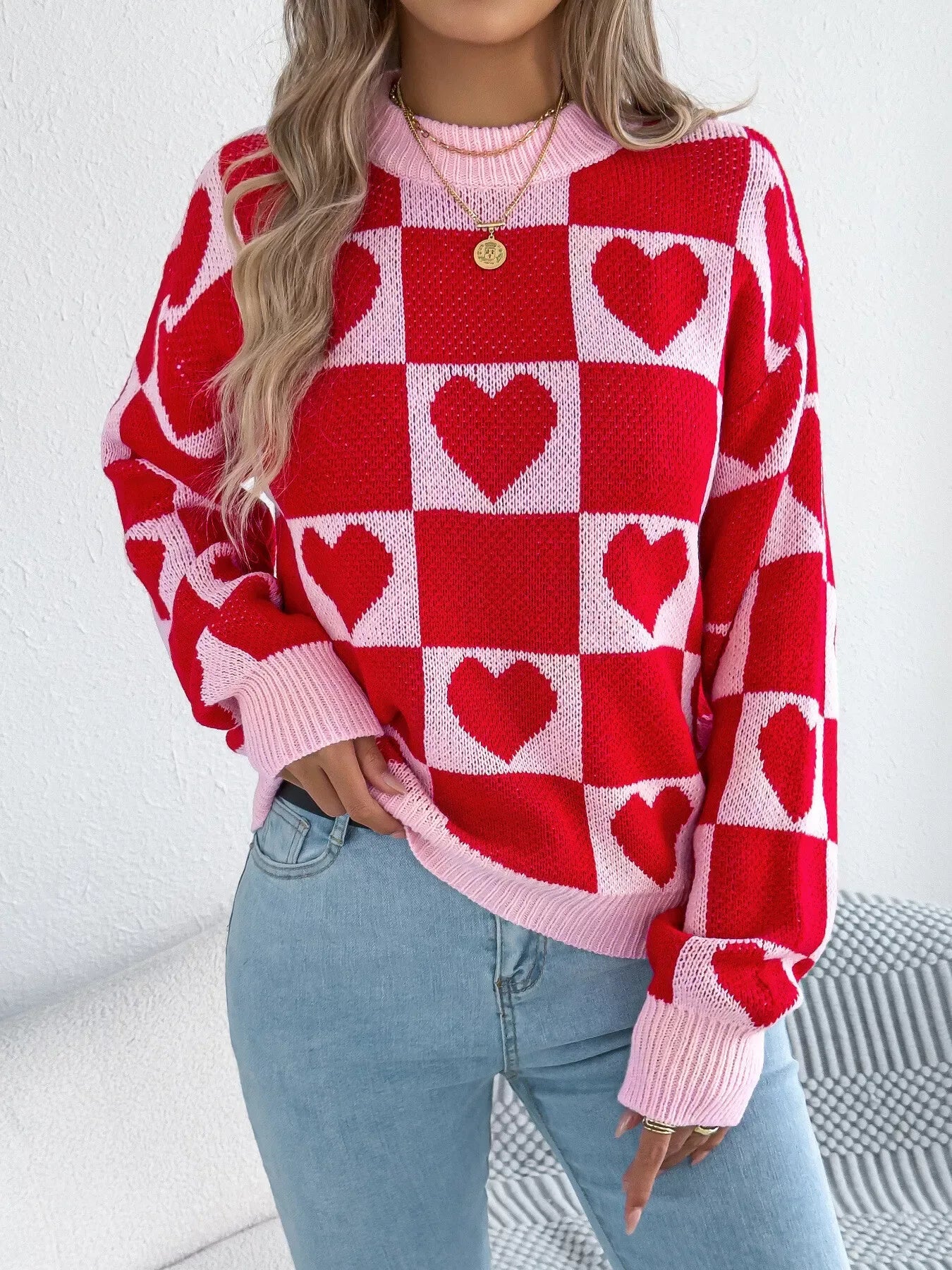 Romantic Red & Black Heart Checkerboard Sweater - WEUXS