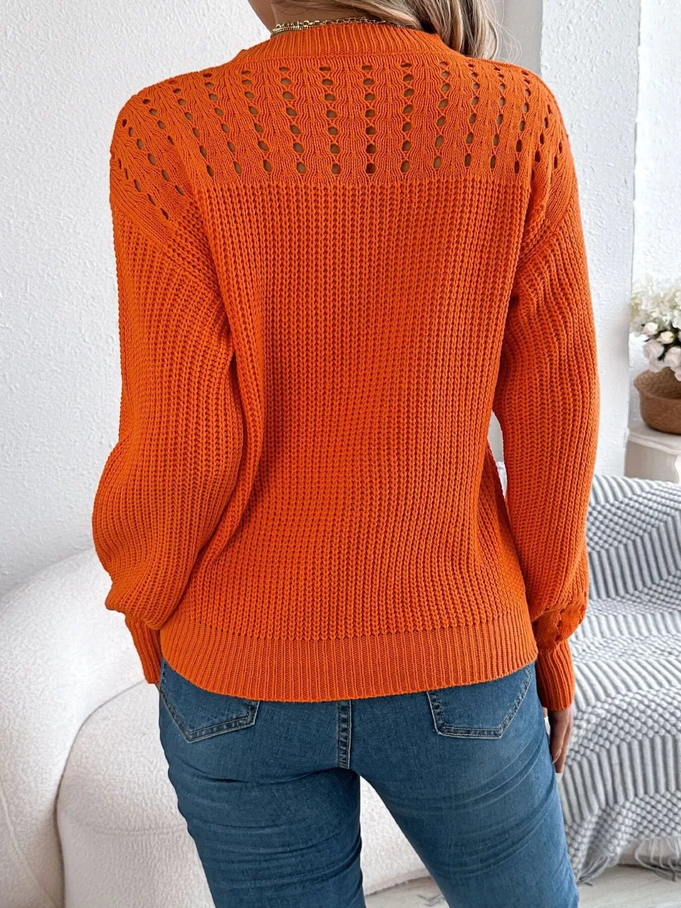 Pointelle Knit Crew Neck Sweater - View 7 | WEUXS