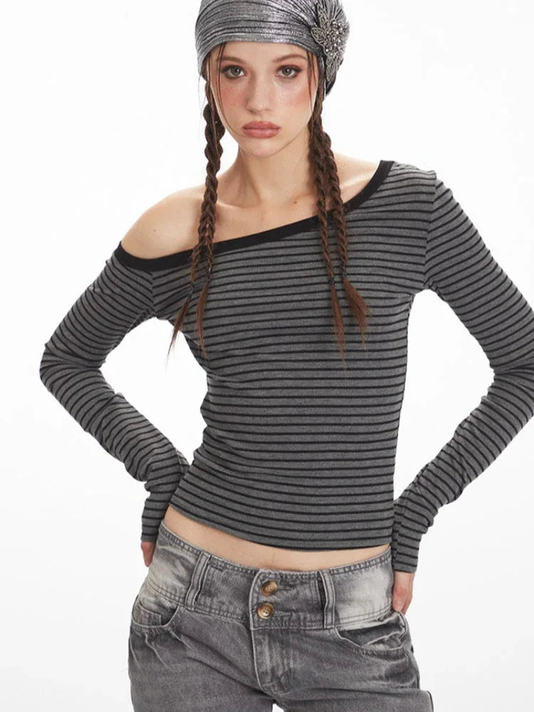 Asymmetrical striped long sleeve knit top - View 6 | WEUXS