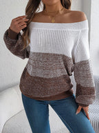 Off-Shoulder Color Block Knit Sweater - View 14 | WEUXS