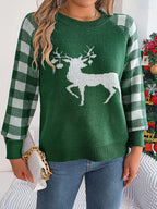 Woman wearing a white and red festive reindeer knit sweater with buffalo plaid raglan sleeves. - View 14 | WEUXS