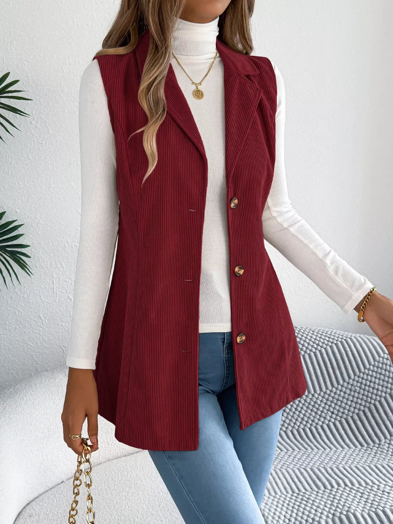 Beige corduroy sleeveless jacket with notched lapel - View 7 | WEUXS