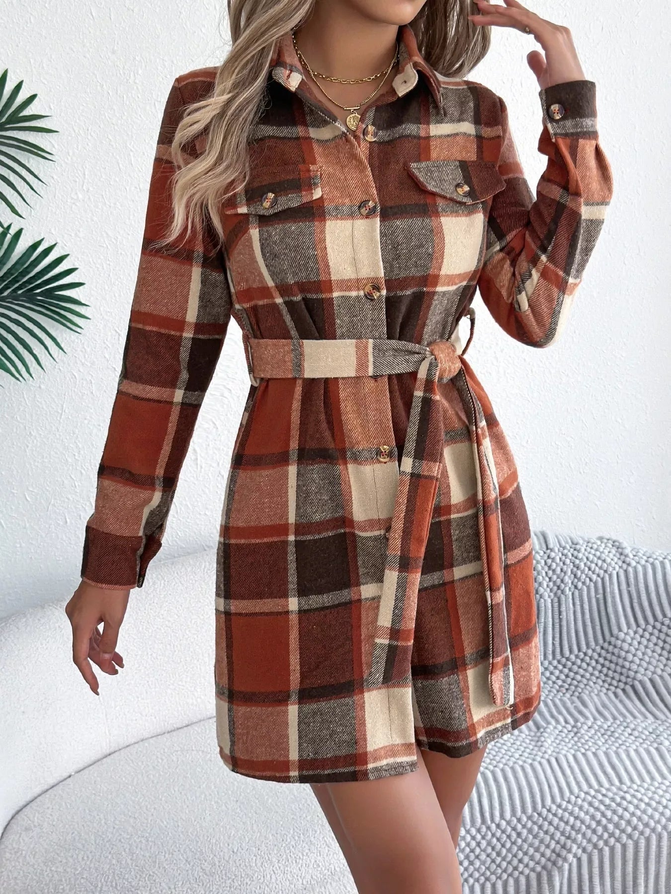 Green Plaid Belted Shirt Dress - View 15 | WEUXS