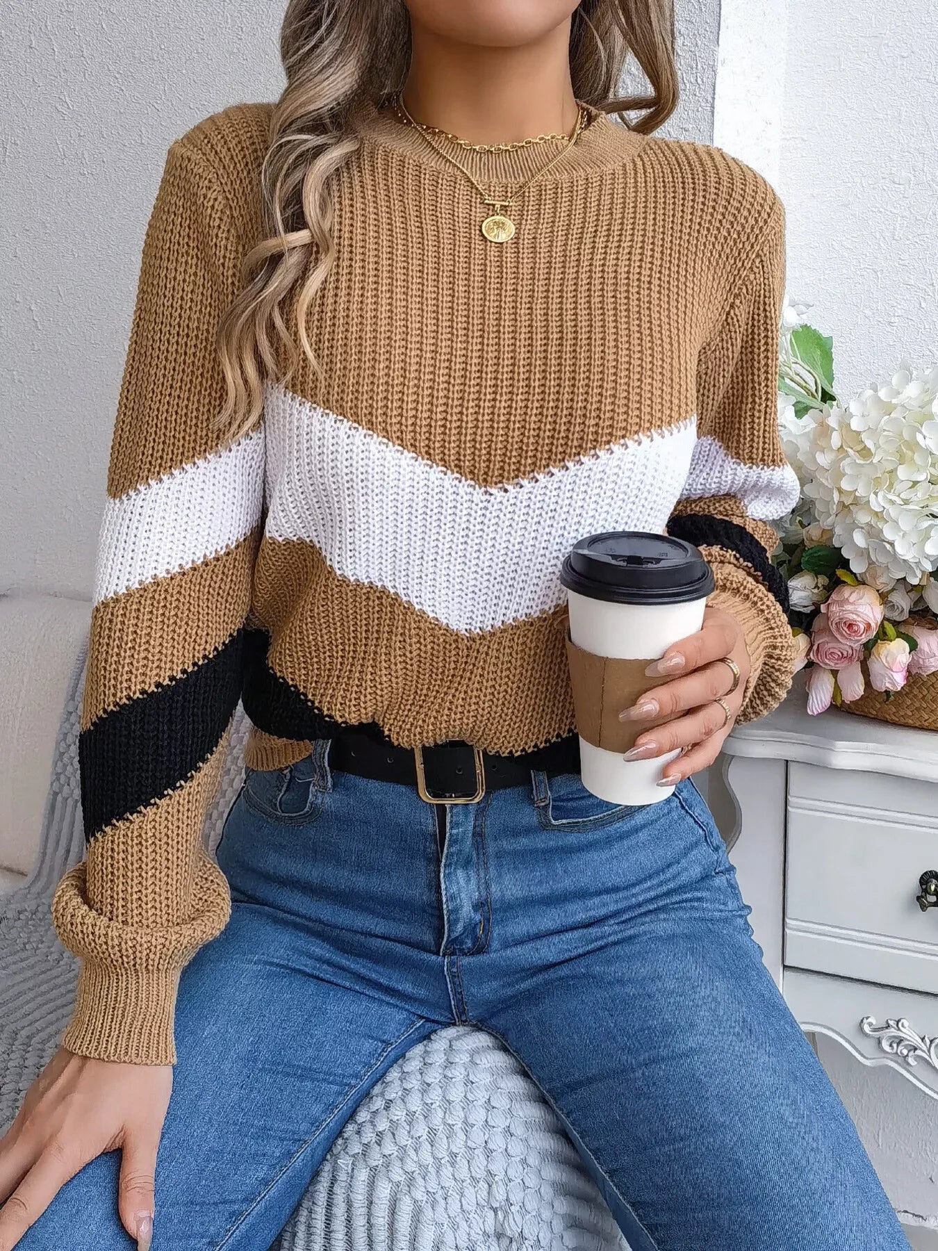 Color Block Chevron Knit Sweater - View 14 | WEUXS