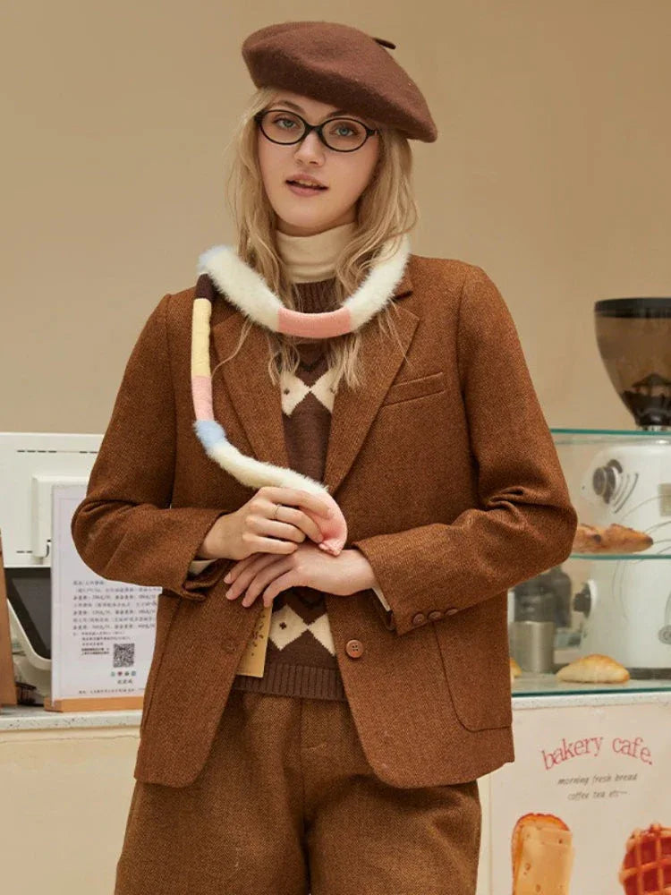 Woman posing in a brown blazer, layered over a turtleneck and sweater, with a beret and scarf.