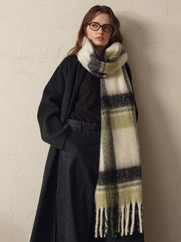 Oversized Olive Green & Cream Plaid Scarf