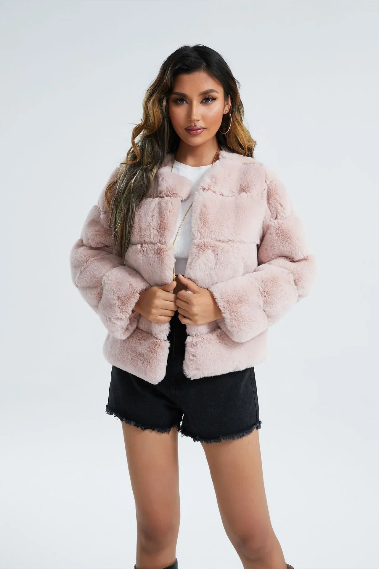 Close-up of soft faux fur texture on jacket