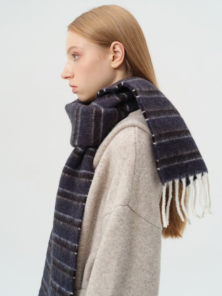 Striped wool blend scarf with fringe - View 6 | WEUXS