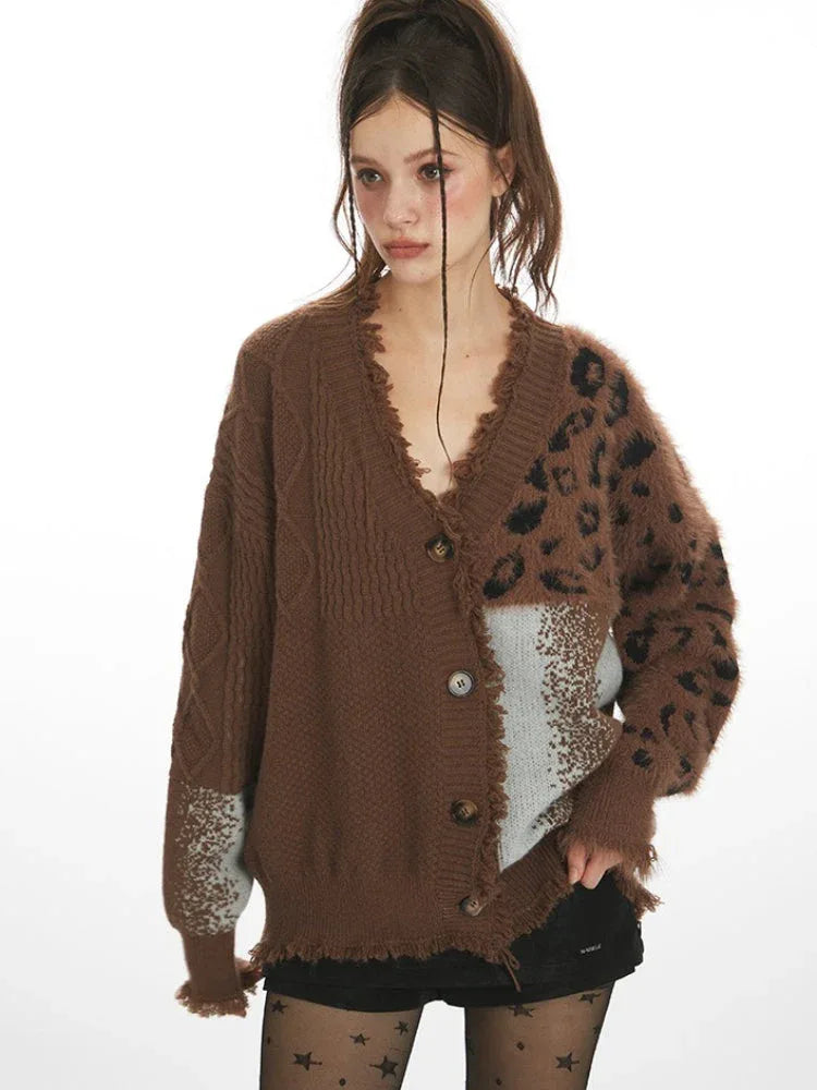 Y2K Grunge Leopard Patchwork Cardigan - WEUXS